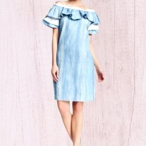 🥳 3/$26 TOV Los Angeles Off Shoulder Chambray Dress Ruffle Blue Size 40 M